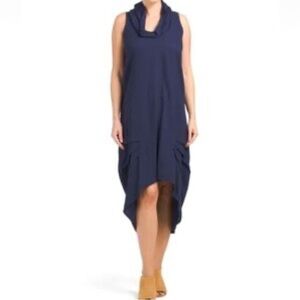 For Cynthia Linen Cowl Neck Navy Sleeveless Hi-Low Relaxed Fit Midi Dress NWT